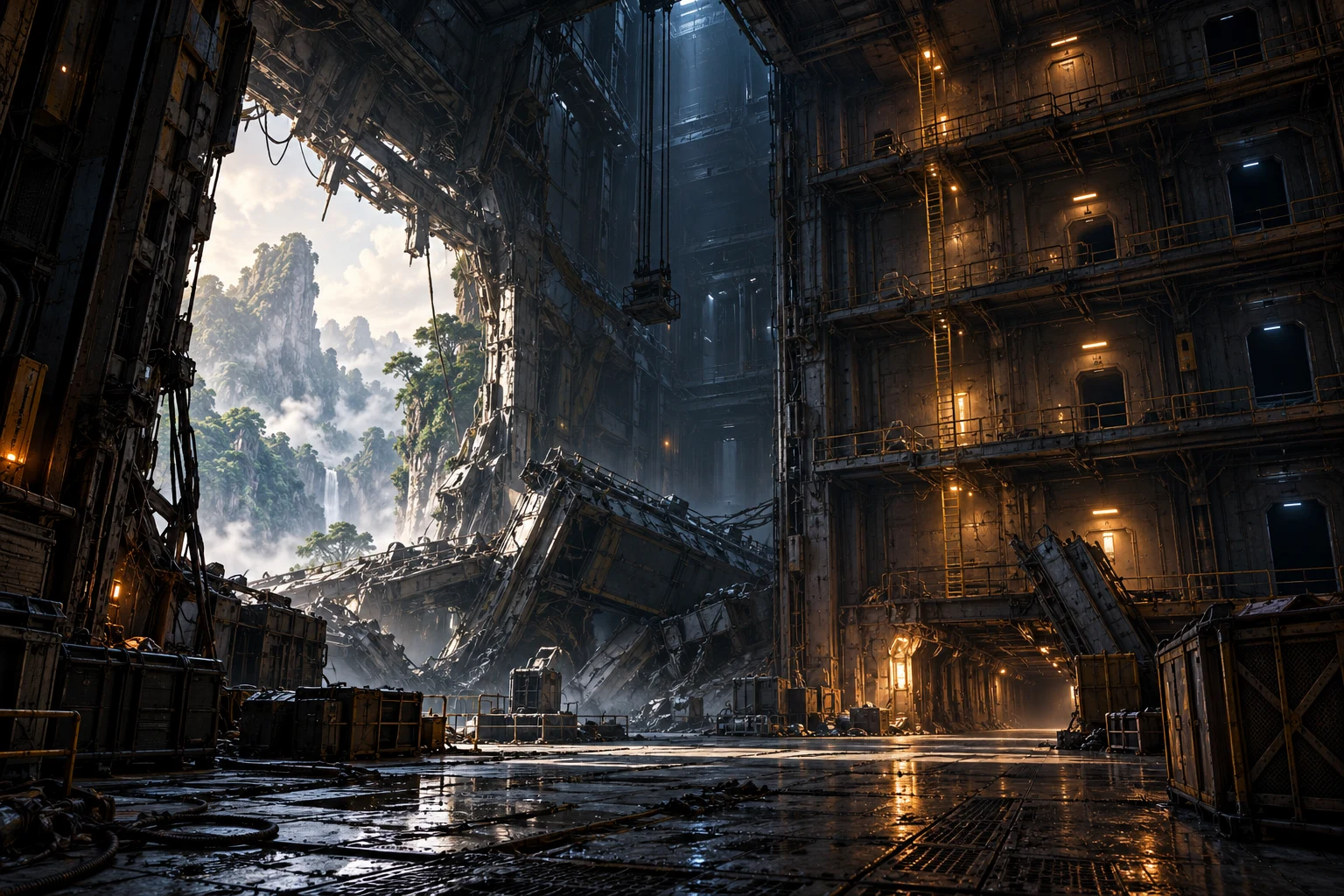A vast space station with unexplored decks overlooking an alien jungle