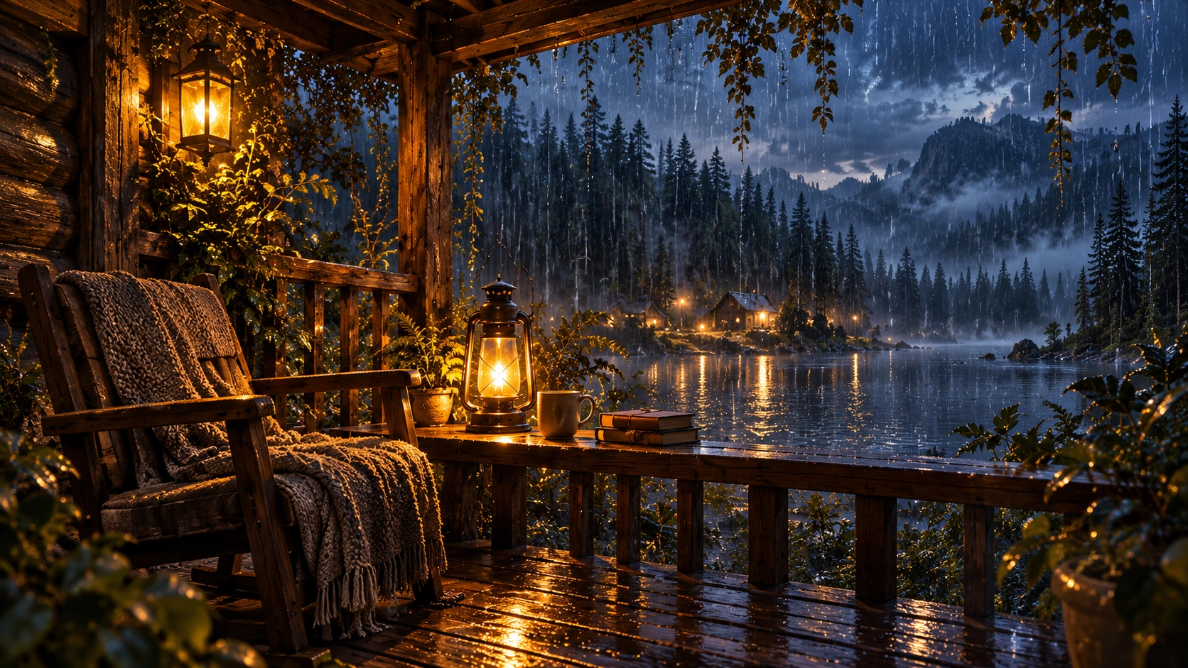 A lantern-lit porch in the rain