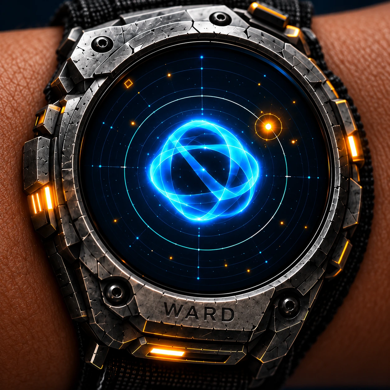 WARD, a rugged wrist device with a blue illuminated display